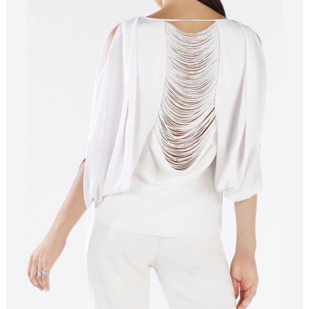 BCBG Maxazria Women's Sz M Sexy‎ Blouse White Kyleigh Fringeback Slitsleeve Top - Picture 2 of 16
